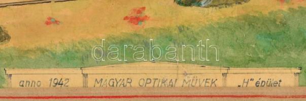 Szabados jelzéssel: Magyar Optikai Művek H épület 1942. Akvarell-tus, papír (hajtott), paszpartuban,...