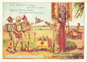 1933 Gödöllői Jamboree. Shell Kőolaj Részvénytársaság reklámlapja / Look, Shell here in Hungary, just like at home! Shell Mineral Oil Company petroleum advertisement with scouts