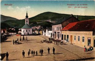 1923 Mehádia, Mehadia; Hauptplatz, gr. or. Kirche / Fő tér, Görögkeleti ortodox templom, Takarékpénztár, üzletek. Kiadja Brauch A. fia / main square, Greek Orthodox church, savings bank, shops (EK)