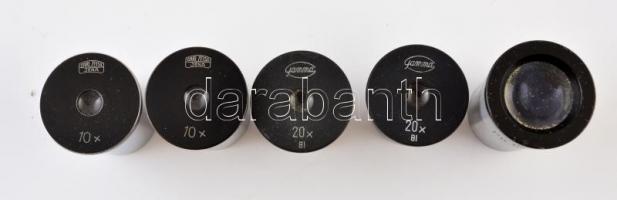 Gamma mikroszkóp, fa dobozban, alkatrészekkel