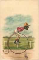 Black man on bicycle (Penny-farthing).E.S.D. Serie 8058. litho