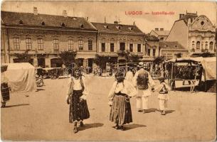 Lugos, Lugoj; Izabella tér, Központi sörcsarnok, üzletek, piaci árusok. Kiadja Szidon József / square, beer hall, shops, market vendors (Rb)