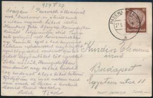 1937 Pasewalk, Kurdin Elemér saját kézzel írt levele haza Németországból feleségének, melyben hírt ad Heringsdorfban kirakott zsidó ellenes táblákról.