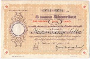Románia / Satu-Mare (Szatmár) 1922. Szatmár Vármegyei Takarépénztár Részvénytársaság névre szóló 5db részvénye egyben, összesen 3000L-ről szelvényekkel, szárazpecséttel T:II,II-  Romania / Satu-Mare (Szatmár) 1922. Szatmár Vármegyei Takarépénztár Részvénytársaság share with the shareholders name, five shares in one in sum total of 3000 Lei with coupons C:XF,VF