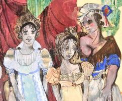 Jánoskúti Márta (1942- ): Nők, kollázs, papír, jelzés nélkül, 61×43 cm