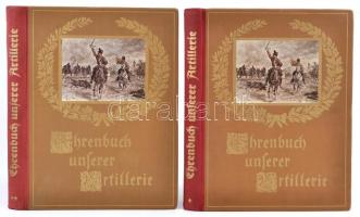 Ehrenbuch unserer Artillerie I-II. kötet. Szerk.: Hugo Kerchnawe, Ernst Ottenschläger. Herausgegeben: Reichsbunde der Artillerievereiningungen Österreich. Wien, 1935-1936, Amon Franz Göth, 20+2+367+3+8p.+6 t.+ 1 térkép-melléklet.+2+581+3+2 p.+2 t.(az egyik kihajtható panoráma fotó, a másik színes.)+ 1 t.térképmelléklet. Német nyelven. Gazdag fekete-fehér képanyaggal illusztrált. Kiadói aranyozott félvászon-kötés, a II. kötet gerincén egészen apró sérüléssel és apró kopással az elülső kötéstáblán, egyébként szép állapotban./ In German language. With many illustrations. Gilt half-linen-binding.