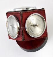 Bőr borítású asztali barométer, higrométer. 17 cm
