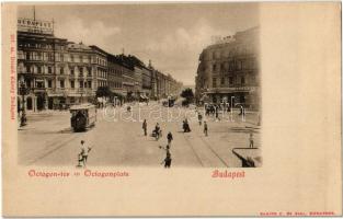 Budapest VI. Oktogon, Café Abbazia kávéház, villamos, utcaseprő, Prindl Nándor üzlete. Divald Károly 217. sz.