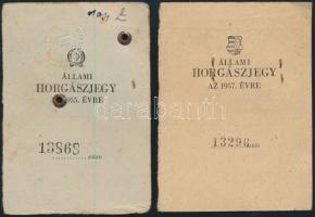 1955-1957 2 db fényképes állami horgászjegy, az 1957. évin koronátlan kiscímerrel