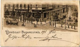 1898 Budapest VI. Jahn Ede vendéglője, étterem, Terézvárosi Pilseni Sörcsarnok, Bucher Károly üzlete. Andrássy út 44. Kiadja Kellner és Mohrlüder. litho (EK)