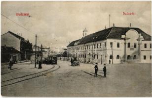 1910 Budapest II. Széna tér, régi Szent János kórház, villamos, megállóhely (fl)