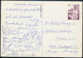1976 A magyar labdarúgó válogatott tagjainak (Baróti, Ebedeli, Nyilasy, stb.) aláírásai Svédországból küldött levelezőlapon