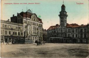 Cieszyn, Teschen; Demelplatz, Rathaus und Hotel Brauner Hirsch / square, town hall, hotel, J. Konczakowskis shop, tram (fl)