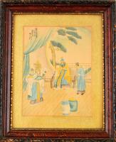 Jelzett kínai selyemkép, üvegezett keretben, 21×16 cm