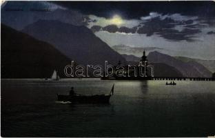 1911 Gmunden, Mondnacht / lake, boats, night (EK)