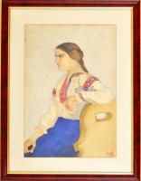 Emőd jelzéssel: Menyecske. Akvarell, papír, üvegezett keretben, 40×28 cm