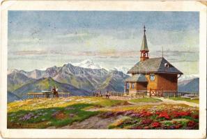 1935 Schmittenhöhe, Die St. Elisabeth-Kapelle mit dem Blick auf die Venedigergruppe / mountain chapel s: E. T. Compton (EK)