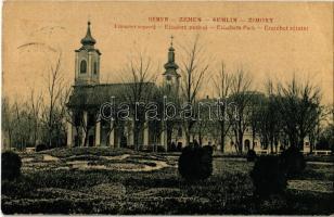 1910 Zimony, Semlin, Zemun; Elisabet perivoj / Erzsébet sétatér, Ortodox templom. W. L. 906. / park, Serbian Orthodox church (EK)