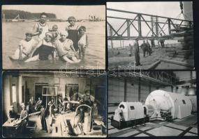 cca 1925-1970 Vegyes fotó tétel, benne: gyógyszertár, műtét, piac, fürdőzők, aratás, turbógenerátor,...