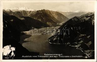 1937 Salzkammergut, Ausblick vom Traunstein auf den Traunsee u. Dachstein / lake, mountains