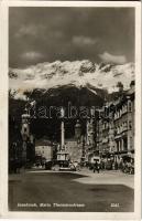 1935 Innsbruck, Maria Theresien Strasse, Friseur, Sparkasse, Wein u. Bierhalle / street, barber shop, savings bank, wine and beer hall, automobiles