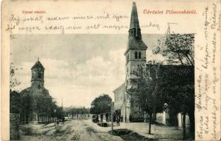 1905 Piliscsaba, utca, Római katolikus templom, Református templom. Kiadja Rigócz József (EK)