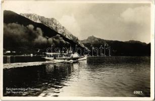 1937 Salzkammergut, Traunsee mit Traunstein / lake, mountain, steamship