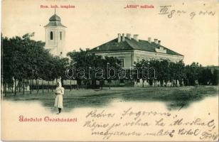 1900 Orosháza, Római katolikus templom, Alföld szálloda. Kiadja Pless N.