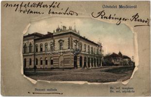 1904 Mezőtúr, Nemzeti szálloda, Református templom és iskola (fa)