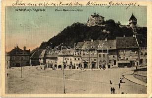 1909 Segesvár, Schassburg, Sighisoara; Obere Marktseite / Fő tér, F. Lingner, Gutt, K. Schneider üzlete, sörcsarnok. Kiadja W. Nagy / main square, shops, beer hall (EK)