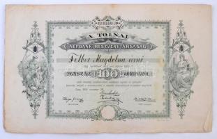 Tolna 1905. A Tolnai Népbank Részvénytársaság részvénye 100K-ról, szárazpecséttel, szelvényekkel + 1926. kézírásos levél a részvény értékveszéséről, WÉBER JÓZSEF SÜTÖDÉJE TOLNA fejléces papíron T:III / Hungary / Tolna 1905. Bank of Tolna Joint Stock Company share about 100 Korona, with coupons and embossed stamp + 1926. letter regarding the devaluation of the share on WÉBER JÓZSEF SÜTÖDÉJE TOLNA letterhead C:F