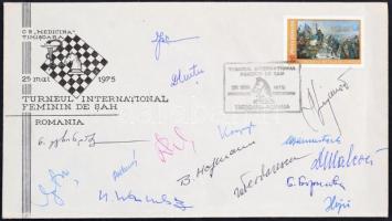 1975 Női sakk bajnokság Románia versenyzők által aláírt alkalmi boríték / Womans Chess Championship in Romania. Autograph signed cover of the participants
