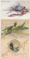 24 db régi üdvözlőlap, sok litho és dombornyomott, közte egy osztrák-magyar síelő katonás művészlap ...