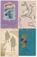 24 db régi üdvözlőlap, sok litho és dombornyomott, közte egy osztrák-magyar síelő katonás művészlap ...
