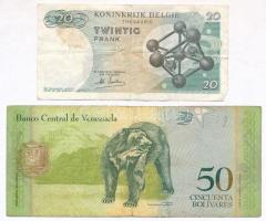 Vegyes 5db-os papírpénz tétel, benne belga, venezuelai, görög, egyiptomi és jugoszláv bankjegyek T:I...