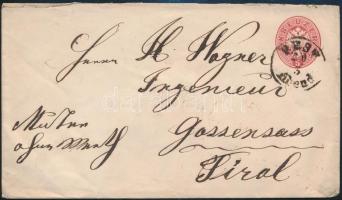 1864 5kr díjjegyes boríték / PS-cover "PEST / Abends"