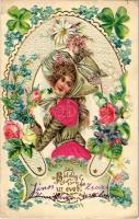 1903 Boldog Újévet! / New Year greeting card Emb. litho with silk (EK)