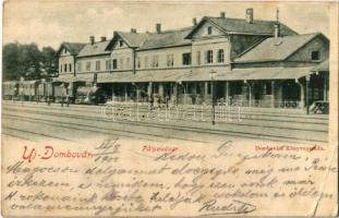 1900 Dombóvár, Új-Dombóvár; Pályaudvar, vasútállomás, gőzmozdony. Kiadja a Dombóvári Könyvnyomda (r)