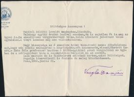 1930 Vargha Damján (1873-1956) egyetemi tanár, irodalomtörténész, MTA tag, pécsi egyetemi rektor (1941/1942) gépelt sorai és aláírása egy levélen, a levél szélét megvágták.