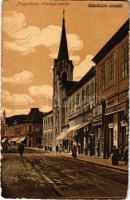 1928 Nagyvárad, Oradea; Manastire ursula / Orsolya zárda, Ungváry Gergely üzlete, kerékpáros, villamossínek. Kiadja Rigler József Ede / Ursuline nunnery, convent, shops, man on bicycle, tramway