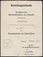 1944 Katonai elismerés oklevele német Luftwaffe tiszt számára / Military warrant for German airforce officer