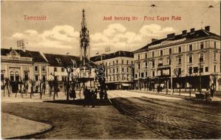 1912 Temesvár, Timisoara; Jenő herceg tér, Rukavina emlékmű, Takarékpénztár, villamossín. Kiadja a Koronaherczeg tőzsde / square, monument, savings bank, tramway