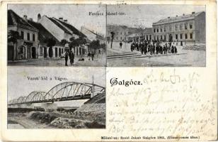 1903 Galgóc, Hlohovec; Ferenc József tér, üzletek, Vasúti híd a Vág folyó fölött. Kiadja Szold Jakab műintézete / square, shops, railway bridge over Váh river (fa)