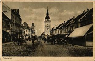 1928 Nagyszombat, Tyrnau, Trnava; Masaryková ul. / Masaryk utca, autóbusz, templom, üzletek / street view, autobus, church, shops (fl)