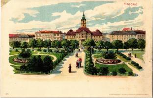 Szeged, Széchenyi tér a városházával. Kunstanstalt Kosmos 78. litho (javított sarok / restored corner)