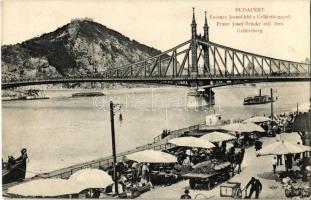 1911 Budapest, Ferenc József híd, rakparton piaci árusok, Gellérthegy