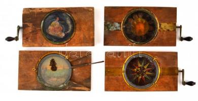 Antik képnézegető, festett üveglapokkal, fém szerelékkel, hibásak, összesen: 4 db, jelzés nélkül, 18×10 cm (4×)
