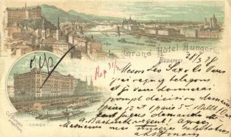 1898 Budapest V. Grand Hotel Hungaria reklámlapja, Corso, Hungaria Nagyszálloda, Lánchíd, gőzhajók. Czettel és Deutsch. Art Nouveau, litho (szakadás / tear)