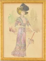 Jelzés nélkül: Viktoriánus hölgy napernyővel. Vegyes technika, papír, üvegezett keretben, 27×20 cm