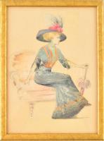 Jelzés nélkül: Ülő viktoriánus hölgy. Vegyes technika, papír, üvegezett keretben, 27×20 cm